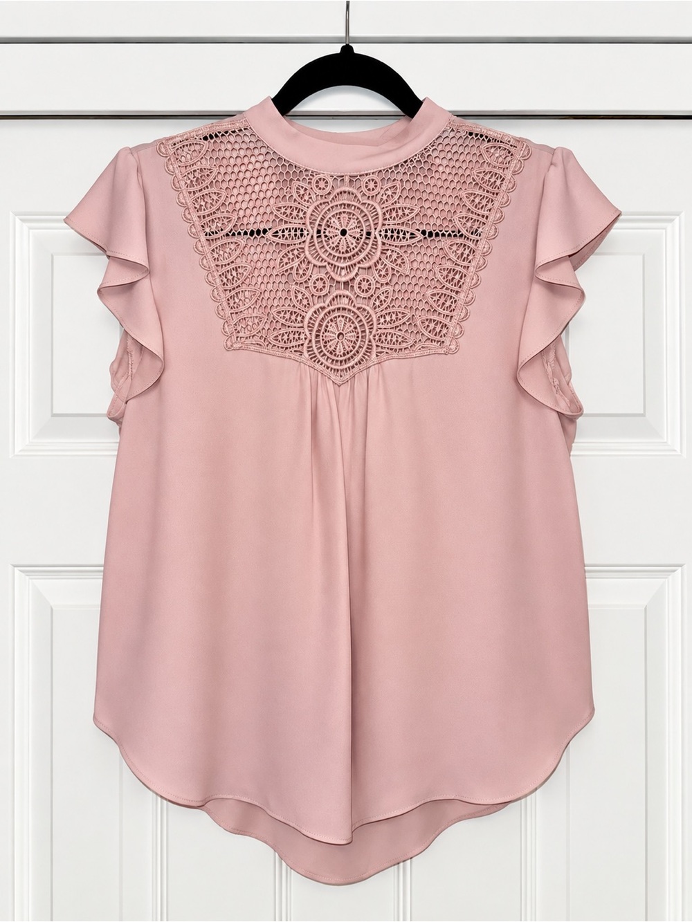 Express Dusty Pink Crochet Yoke Ruffle Sleeve Blouse